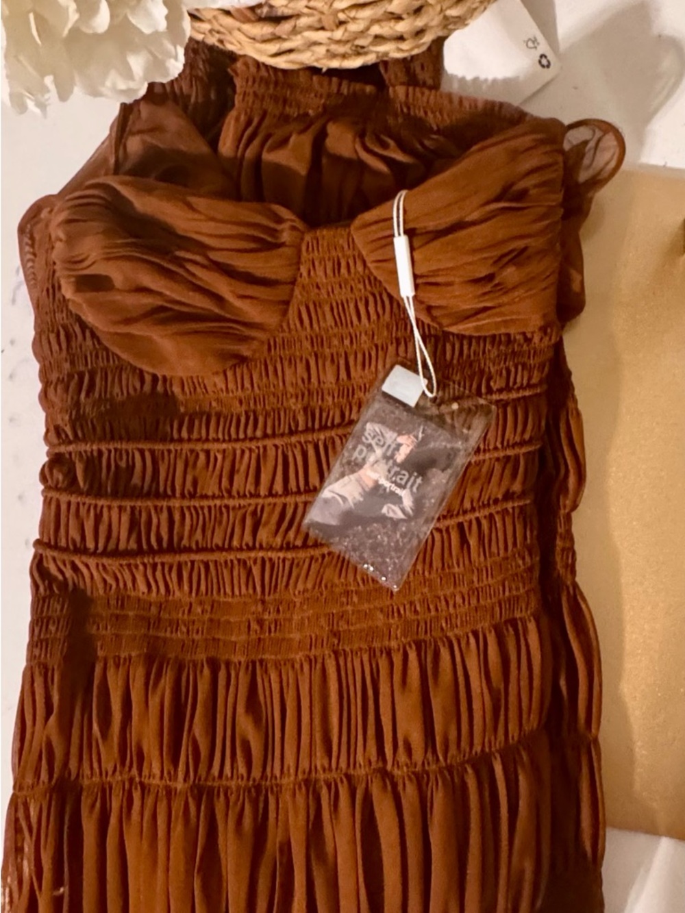 Self-Portrait Rust Brown Ruched Mesh Midi Dress - Picture 5 of 6